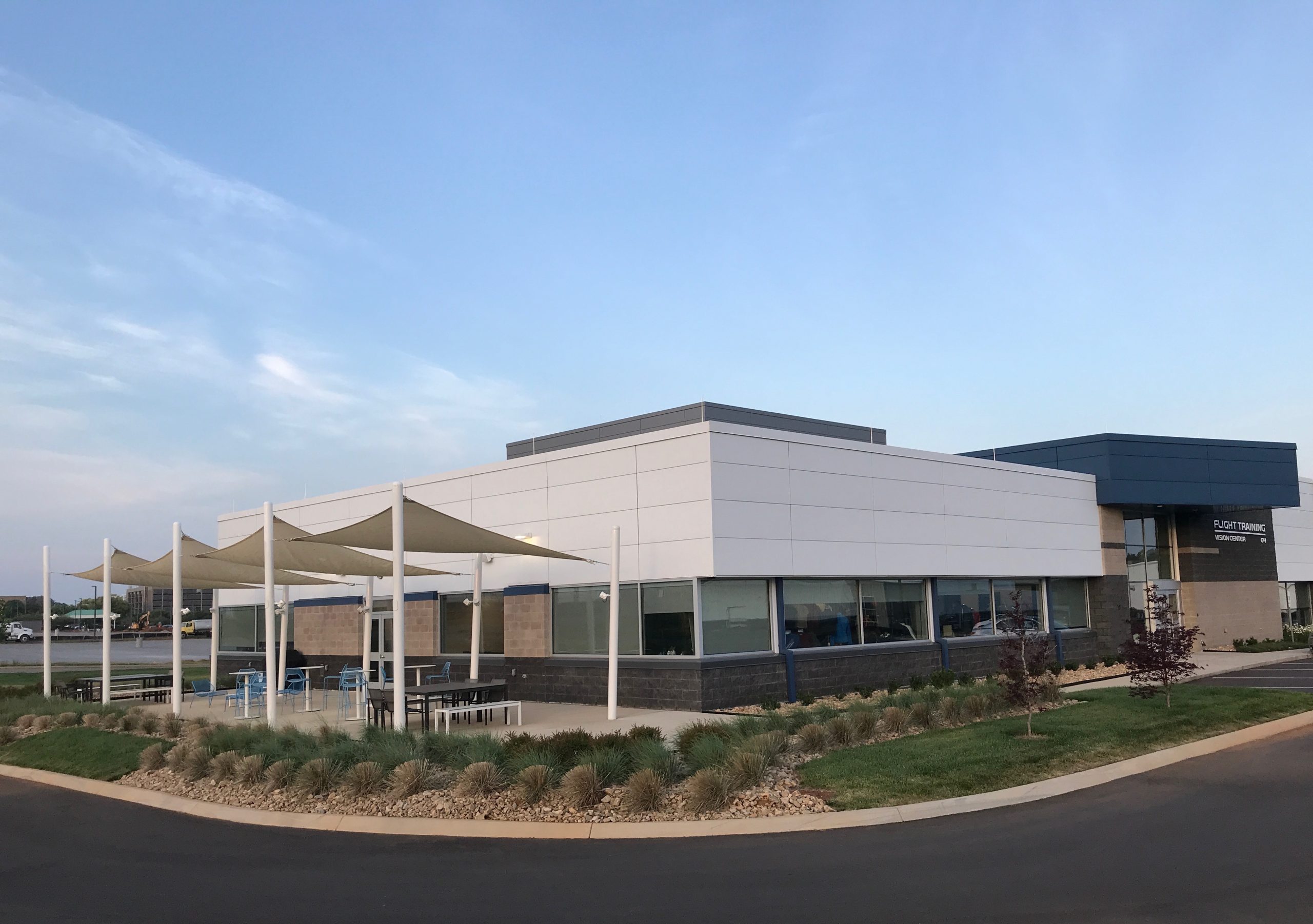 The outdoor patio provides a comfortable oasis for employees and students that have been in classrooms and simulators throughout the day.