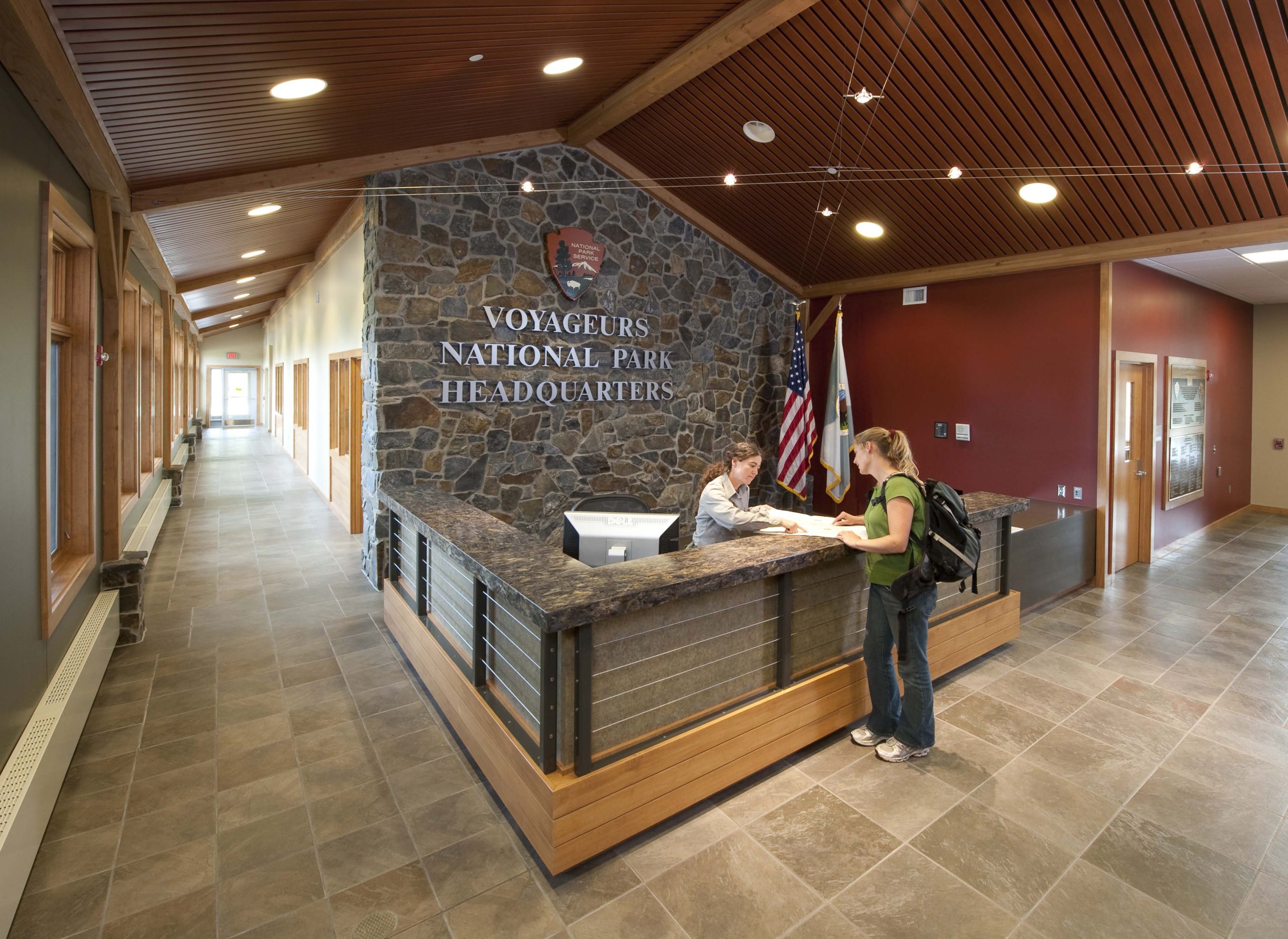 The headquarters houses park service offices, an interpretive center for guests, and archival space for artifacts.