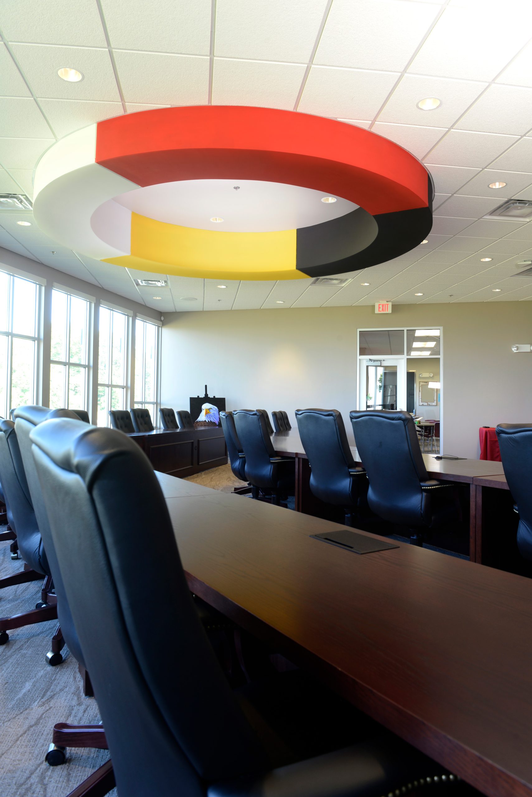 The medicine wheel skylight brings in daylight from above the council seating.
