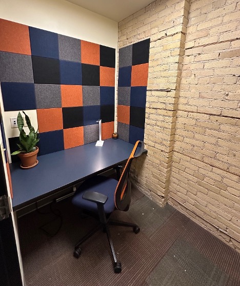 DSGW's Quiet Room. Sometimes you just need a spot to decompress. We've created a quiet space, complete with brand appropriate wall panels that will dilute noise.