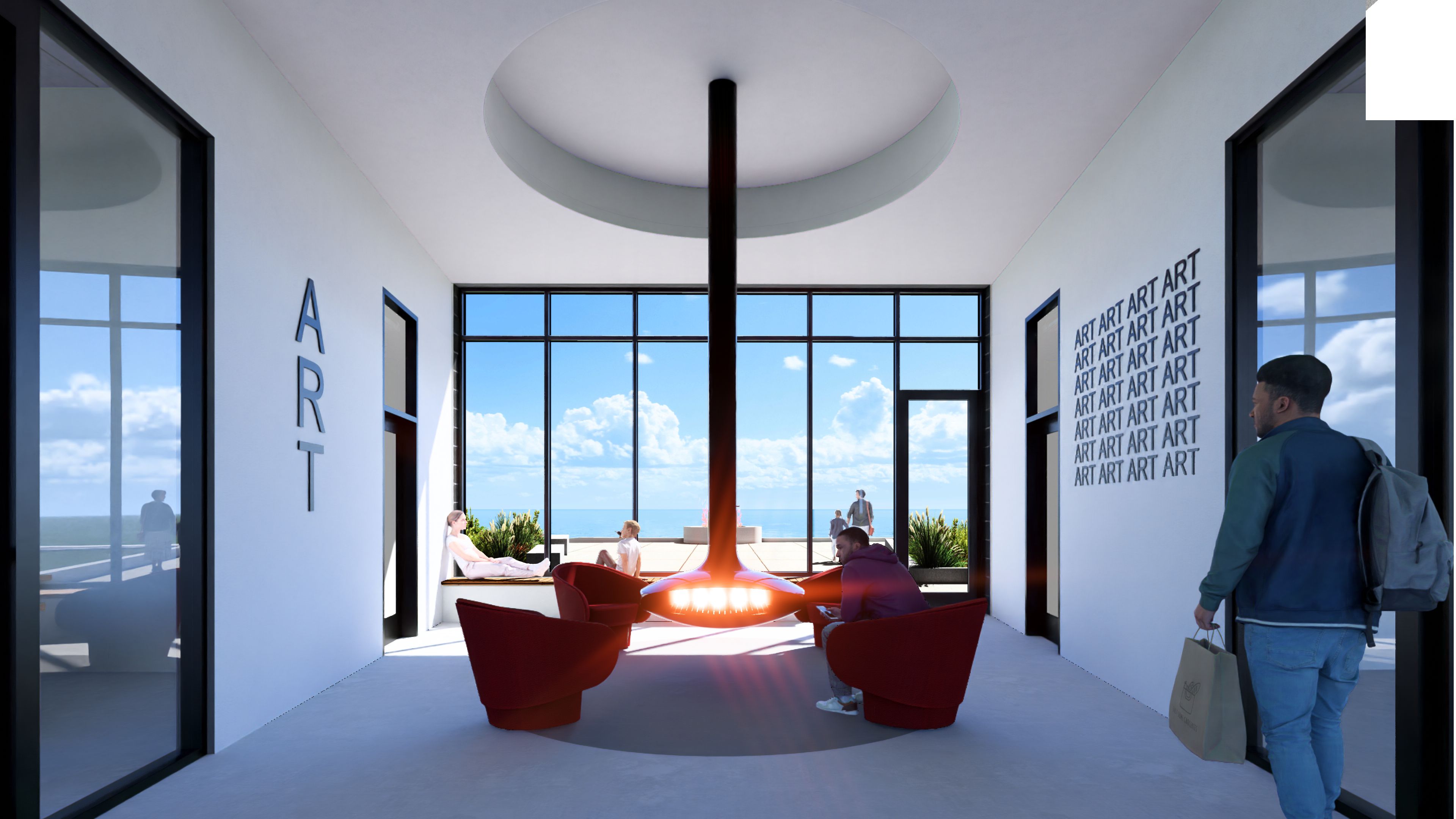 In the main lobby, a ceiling-suspended fireplace creates a cozy ambiance and adds a touch of sophistication