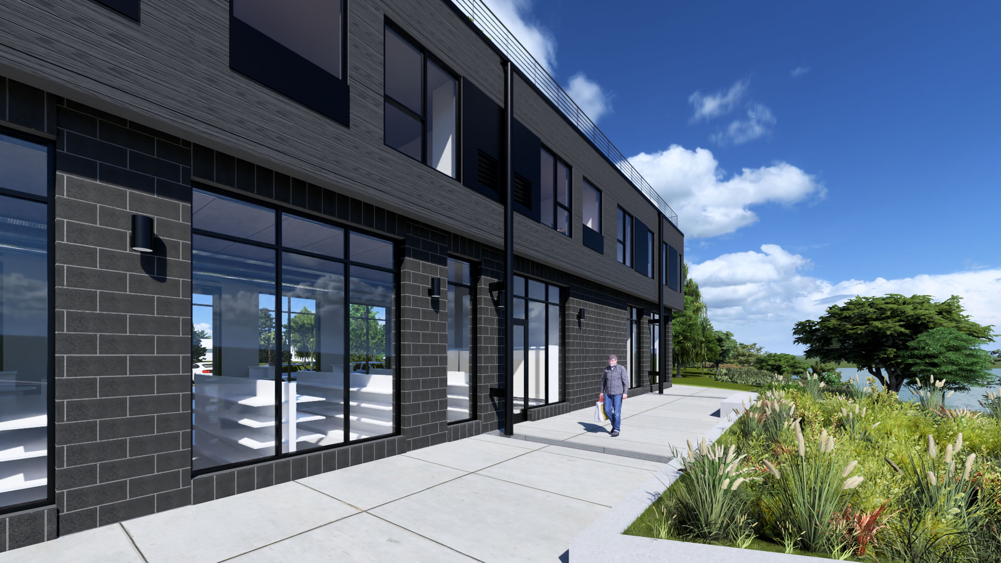 The retail spaces on the lower level benefit from large picture windows, ensuring excellent views and natural light.