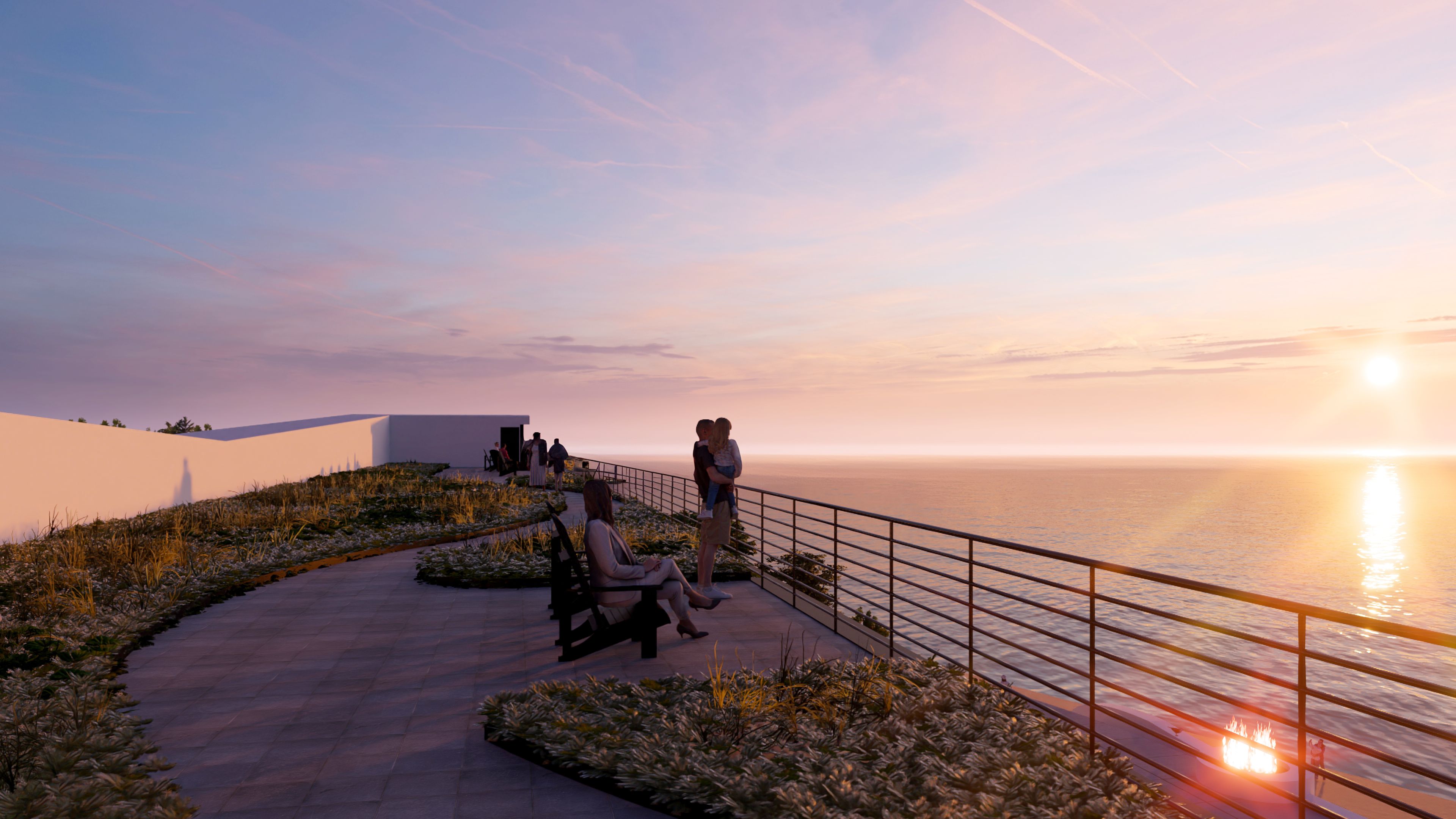 The roof of the building is utilized as a shared amenity space, featuring a green roof deck with ample seating for residents.