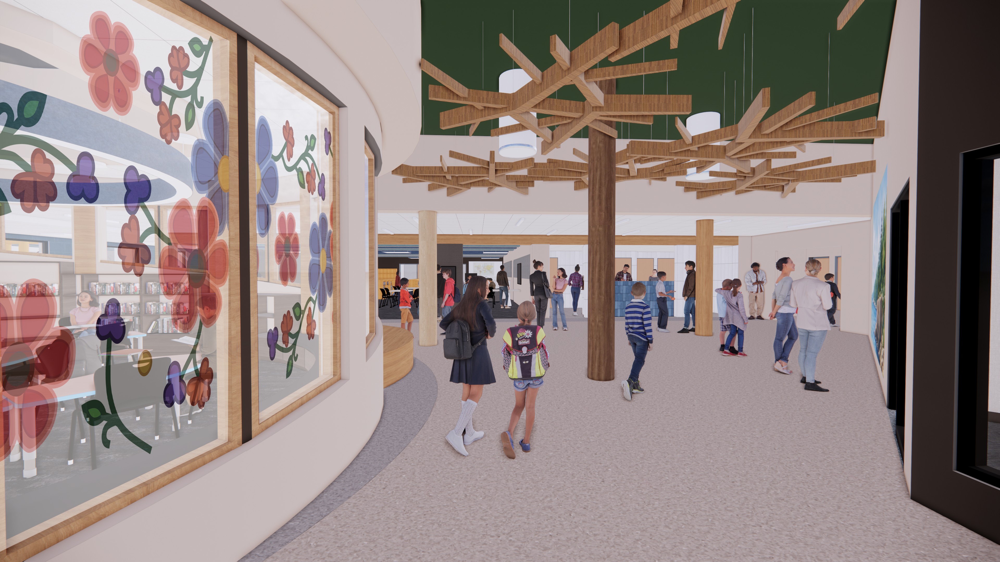 Children and adults walk through a spacious, modern indoor area with wood beam decorations, large windows featuring colorful floral art, and various people interacting in the open space.