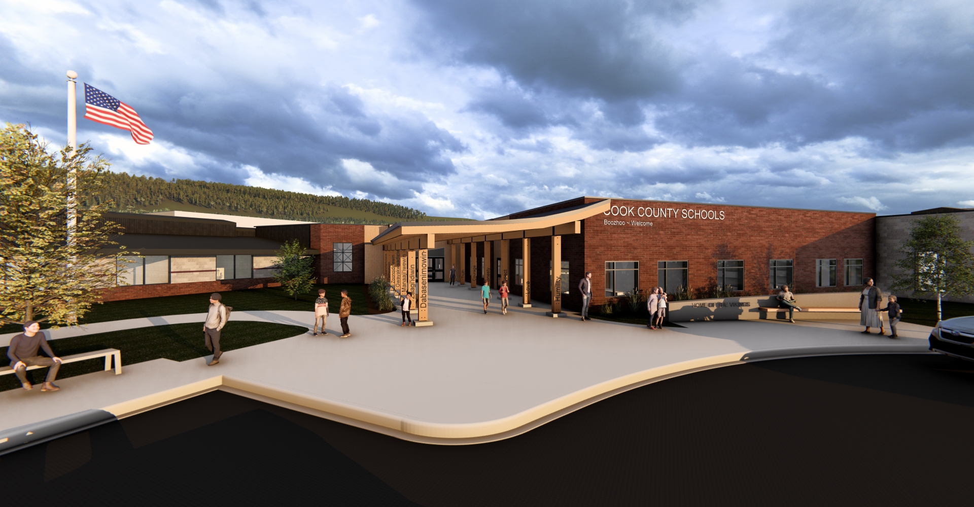 A modern school building with a brick exterior and sign reading "Cook County Schools." People are walking and gathering outside. An American flag is on a pole near the entrance under a dramatic cloudy sky.