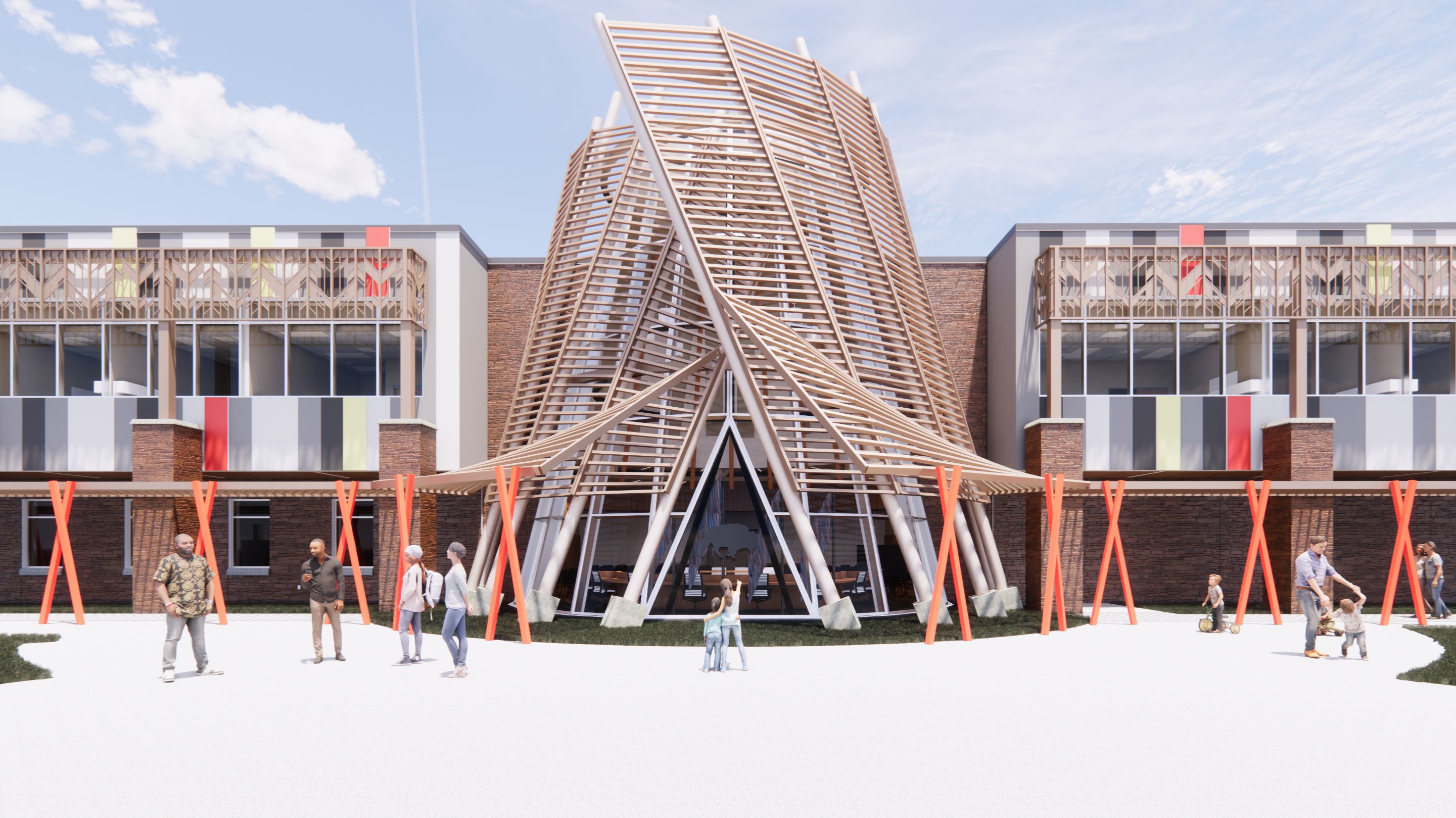 A modern building with a central wooden sculpture featuring angled slats, flanked by two brick wings with colorful panels. People are gathered and walking in front of the structure under a partly cloudy sky.
