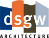 Logo for DSGW Architecture featuring four overlapping panels in blue, orange, brown, and light blue, with the letters "dsgw" in white and "ARCHITECTURE" written below in black capital letters.