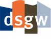 The logo features the letters "dsgw" in white lowercase font, each set against four overlapping vertical shapes in blue, orange, brown, and gray. The word "ARCHITECTURE" is faintly visible below.